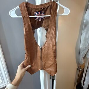 Miss London Tan Leather Vest with Union Jack Detail